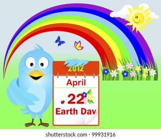 Earth Day. Blue Bird with icon a calendar with flowers and ladybird against rainbow with butterflies. Vector 10 eps.