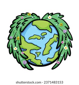 Earth day. Blue and green planet with green tree leaves wings and colorful flowers on top of it vector illustration isolated on square white background. Simple flat cartoon art styled drawing.