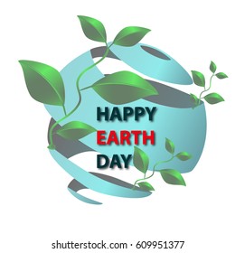 Earth Day. Blue, blue planet with young sprouts on a white background. Poster, greetings card with Happy Earth Day. Vector illustration