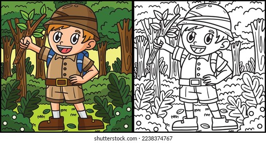 Earth Day Boy in Forest Coloring Page Illustration