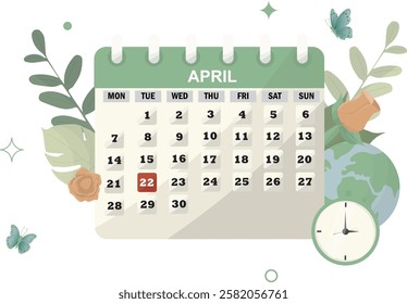 Earth Day Calendar with Nature Elements isolated on transparent background. April calendar highlighting April 22. Earth Day concept with eco-friendly elements. Flat style. Vector illustration