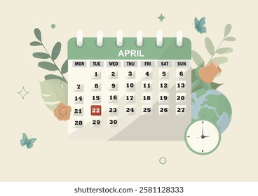 Earth day Calendar. Earth Day Reminder. 22 april event. calendar for April with the 22nd highlighted, commemorating Earth Day. Flat style. April calendar with Eco-friendly themes. Vector illustration