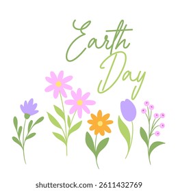 Earth day calligraphic text, colorful simple flowers cartoon doodles, plants isolated, flat design elements set, simple botanical background, cute design floral drawing, botanical drawings