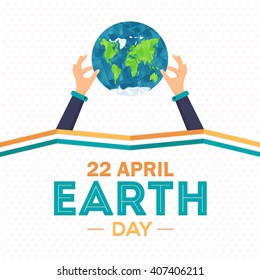 Earth Day Card Design. Hands Hold Low Poly World Symbol