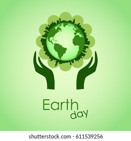 Earth Day Card. Happy Earth Day. 22 of April. Hands holding earth ball. World Environment Day background. Planet in human hands, Earth Day concept. Vector illustration