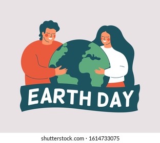 Earth day card. Happy woman and man hold the green planet Earth. Vector illustration of saving planet. Environment conservation and energy saving concept.