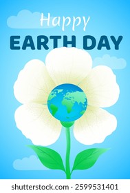 Earth Day card. Planet Earth in flower shape with grainy texture