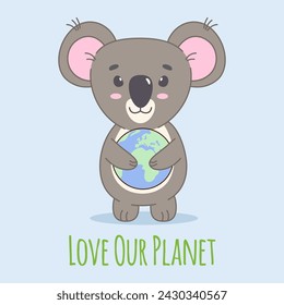 Earth day card, poster, banner with cute koala bear holding  planet