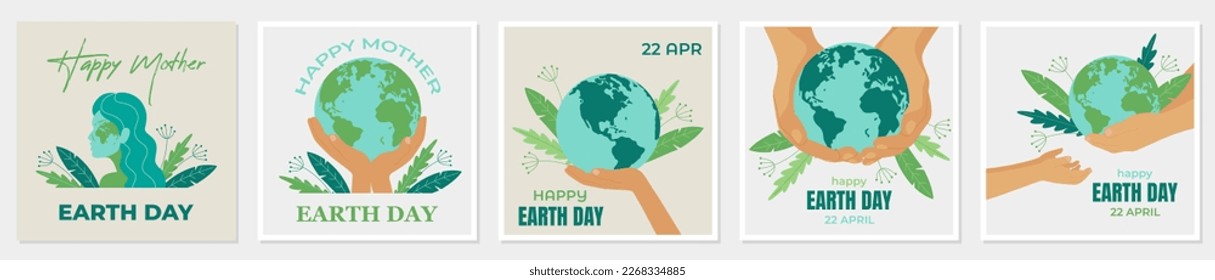 Juego de tarjetas del Día de la Tierra. Día Internacional de la Madre Tierra. Concepto de ecología y protección ambiental. Ilustración vectorial, perfecta para diseño gráfico y web.