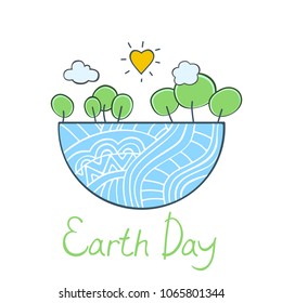 Earth Day card. Earth with trees and clouds. Yellow heart. Vector illustration. 