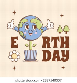 Earth day card in trendy groovy style. Funny vector earth character and mascot. Eco friendly conception. Vector art