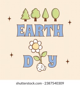 Earth day card in trendy groovy style. Funny vector tree and flower. Eco friendly conception. Vector art