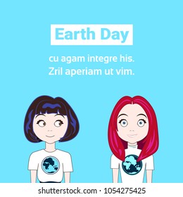 Earth Day Card, Two Young Girl Wearing T-Shirts With Globe Image Planet Protection Concept