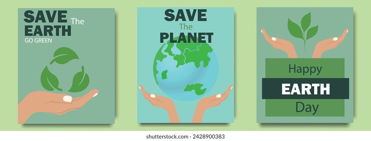 Earth day cards. Global world saving posters, ecology and environment care, cute girl hugs planet, green energy, support plants, poster template. Ecology concept of protecting nature