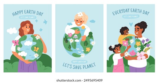 Earth Day cards. Happy people hug globe. Mother and children take care of planet. Ecology protection. Environment conservation. Nature or resources save. Eco activists
