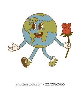 Earth Day. Cartoon cute earth planet character in retro style. Environmental eco concept. Vector illustration