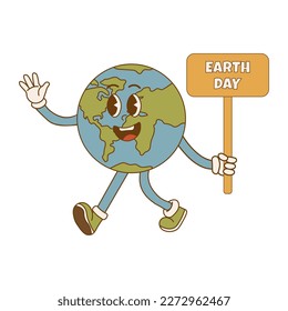 Earth Day. Cartoon cute earth planet character in retro style. Environmental eco concept. Vector illustration
