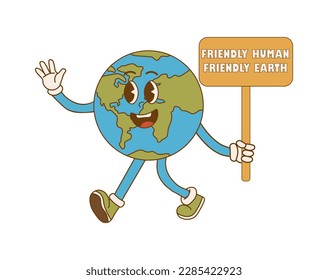Earth Day. Cartoon cute earth planet character in retro style. Environmental eco concept. Vector illustration