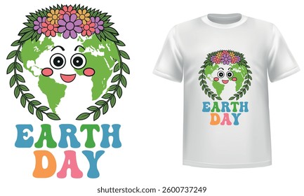 Earth Day Cartoon Design, Earth Day T Shirt Design, Cute Smiling Planet with Flowers And Green Wreath.