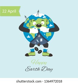 Earth Day. Cartoon globe. The Earth gets rid of waste and garbage. Vector illustration. Cartoon style