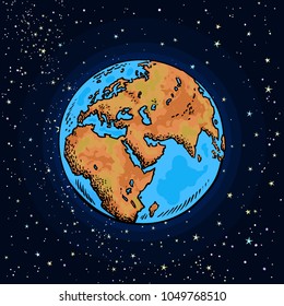 Earth Day.  Cartoon hand drawn Earth on night sky background. Vector illustration.