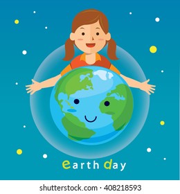 earth day cartoon vector illustration in space with girl