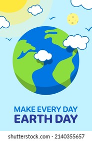 Earth Day cartoon vector poster design, with planet Earth, clouds, birds, and sun. Nature protection concept illustration.