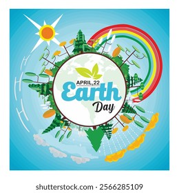 Earth Day, celebrated on April 22, showcasing nature, greenery, and environmental care with creative circular design, colorful elements, and ecological representation. Flat vector modern illustration 