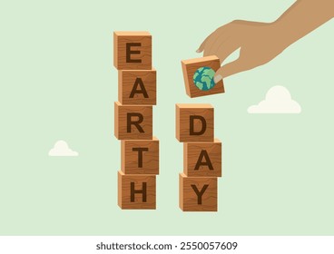 Earth Day Celebration. Building a Sustainable Future. hand places a block with an Earth icon on top of a tower of blocks spelling "EARTH DAY," symbolizing building a sustainable future for our planet