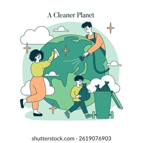 Earth Day celebration focuses on environmental stewardship and community involvement. People clean and care for the planet, showcasing teamwork for a sustainable future. Vector illustration.