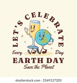 Earth Day Celebration Groovy Retro Cartoon Characters Logo Greeting Card. Happy Planet with Champagne Glass Smiling Personage Template Vector Mascot Illustration in Trendy Vintage Comic Style Isolated