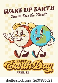 Earth Day Celebration Groovy Retro Cartoon Characters Poster Greeting Card. Happy Planet and Sun Smiling Personage Template Vector Mascot Illustration in Trendy Vintage Comic Style Isolated