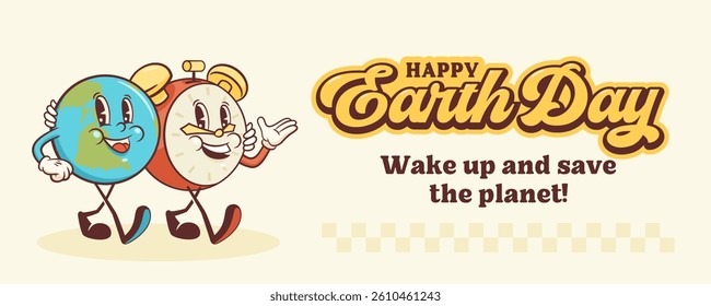 Earth Day Celebration Groovy Retro Cartoon Characters Banner Greeting Card. Happy Planet and Sun Smiling Personage Template Vector Mascot Illustration in Trendy Vintage Comic Style Isolated