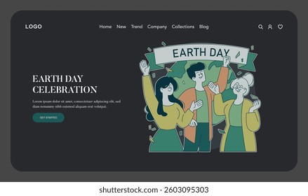 Earth Day Celebration. Group of diverse people joyfully participating in Earth Day with banners and confetti. Promotes environmental awareness and community engagement for a sustainable future. Vector