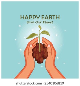 Earth Day celebration with hands holding buds. Save the earth and the environment. Earth Day concept. Flat vector illustration.