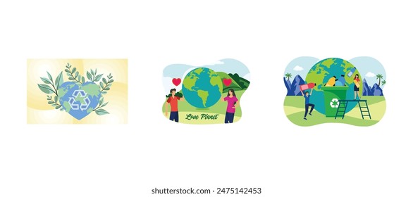 Celebración del Día de la Tierra. Feliz Día de la Tierra, 22 de abril. Metáfora del amor por nuestro planeta, el cuidado de la naturaleza. Reciclaje de basura del planeta limpio y concepto de salvar el planeta. Conjunto de Vector plano ilustración moderna