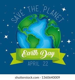 earth day celebration and planet with ribbon