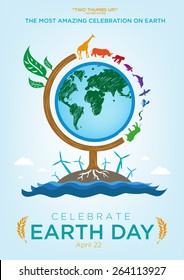 Earth Day Celebration Poster Design Template with Animals Roaming Around a Globe themed Tree. Also are Renewable Energy and Ocean icons and Sample Texts. Editable EPS10 vector and large jpg.