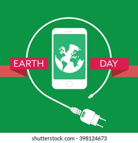 Earth Day Celebration Poster Design Template with modern mobile phone, charger cable, power supply unit and an illustration of the earth. 