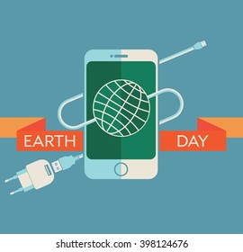 Earth Day Celebration Poster Design Template with modern mobile phone, charger cable, power supply unit and an illustration of the earth. 