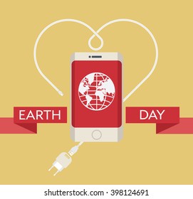 Earth Day Celebration Poster Design Template with modern mobile phone, charger cable, power supply unit and an illustration of the earth. 