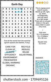 Earth Day Celebration Themed Zigzag Word Search Puzzle (suitable Both For Kids And Adults). Answer Included.