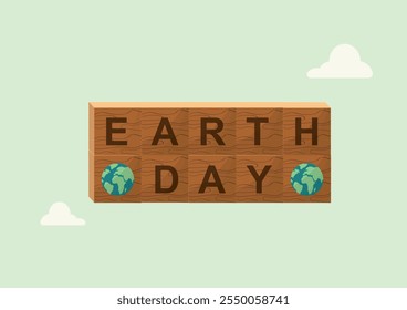 Earth Day Celebration. Wooden Blocks with Earth Icon. Wooden blocks spelling out "EARTH DAY" with small Earth icons on either side, symbolizing environmental awareness and sustainability