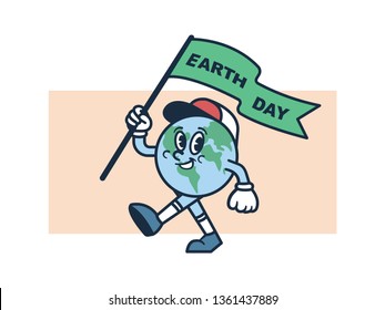 Earth Day Character of a earth-human walking with earth day flag wear a trucker cap.