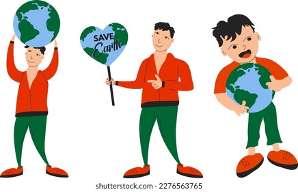 Earth Day Characters Illustration Set, Kid Holding Earth, Man Holding Save Earth Sign and Man Lifting Earth Over Head for Banner, poster