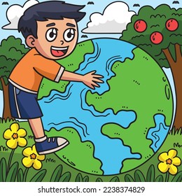 Earth Day Child Embracing Earth Colored Cartoon