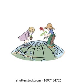 Earth Day. Children planting flowers. Young gardeners. Planet care. Hand drawn vintage kids. 