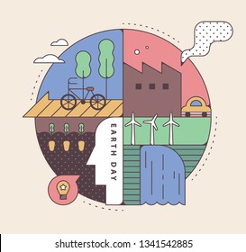 Earth Day clean energy and environmental pollution. Circular collage flat design style minimal vector illustration