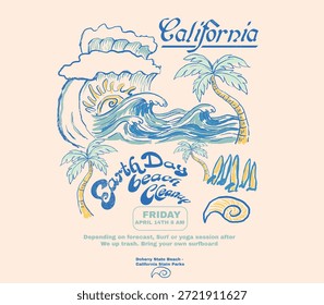 Earth Day Cleanup slogan typography. hand drawing sun, waves an palm tree illustration. summer sea tropical vector graphic. perfect for tee t-shirt, sweat shirt, summer poster, wall art