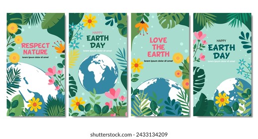 Earth Day collection with planet earth and flowers for social media story, background, banner, cover. vector illustration